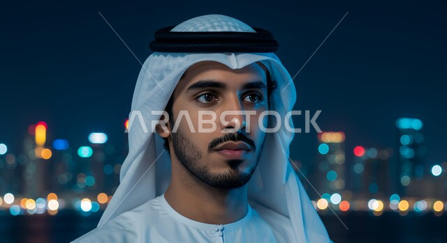  مفهوم الأناقة والرجولة، الوقوف بالهواء الطلق في الليل، الاهتمام بالمظهر الخارجي، صورة مقربة لرجل عربي خليجي اماراتي يرتدي الكندورة والغترة ينظر إلى شيء ما بإيماءات الثقة بالنفس والسرور