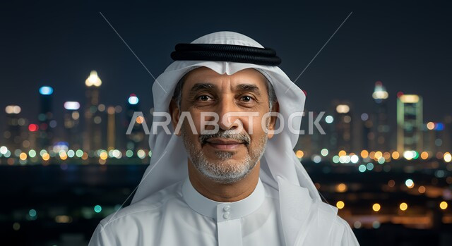  مفهوم الأناقة والرجولة، الوقوف بالهواء الطلق في الليل، الاهتمام بالمظهر الخارجي، صورة مقربة لرجل عربي خليجي سعودي يرتدي الثوب التقليدي والغترة ينظر إلى الكاميرا بإيماءات الثقة بالنفس والسرور
