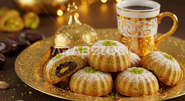 ضيافة المناسبات والأعياد الاسلامية في المملكة العربية السعودية, طبق من معمول العجوة بجانب فنجان القهوة, الحلويات الشعبية التقليدية, منتج محلي وطني سعودي