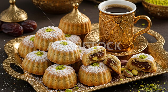 ضيافة المناسبات والأعياد الاسلامية في المملكة العربية السعودية, طبق من معمول العجوة بجانب فنجان القهوة, الحلويات الشعبية التقليدية, منتج محلي وطني سعودي