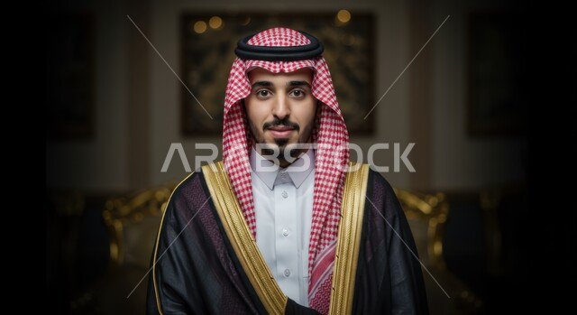 The concept of elegance and masculinity, interest in outward appearance, a close-up image of a Saudi Arabian Gulf man wearing the traditional thobe, shemagh, and bisht, looking at the camera with an expression of strength and self-confidence