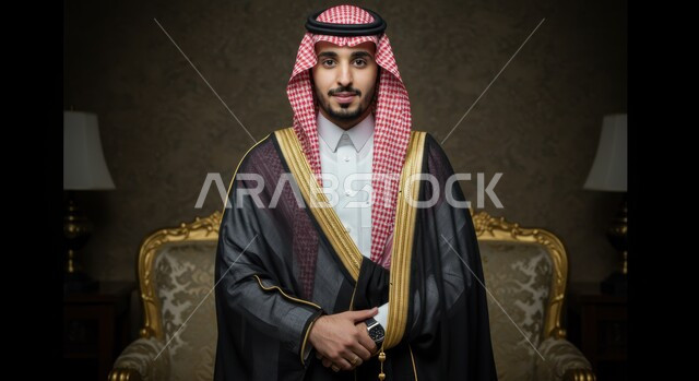 The concept of elegance and masculinity, interest in outward appearance, a close-up image of a Saudi Arabian Gulf man wearing the traditional thobe, shemagh, and bisht, looking at the camera with an expression of strength and self-confidence