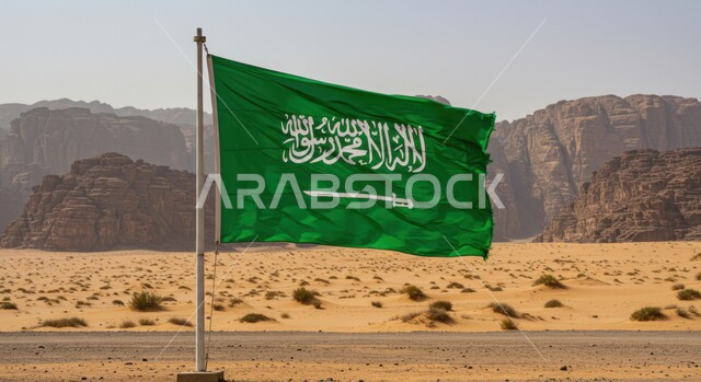 يوم العلم 11 مارس، راية التوحيد والإسلام، احتفالات ومناسبات وطنية، مفهوم حب الوطن والانتماء إليه، علم المملكة العربية السعودية مغروس وسط الرمال الذهبية الناعمة في الصحراء، الاحتفال بذكرى اليوم الوطني السعودي 23 سبتمبر