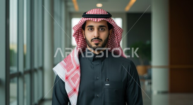 Concern for one's appearance, a close-up side view of a Saudi Arabian Gulf man wearing a traditional thobe and shemagh looking at the camera with an expression of strength and self-confidence, the concept of elegance and masculinity