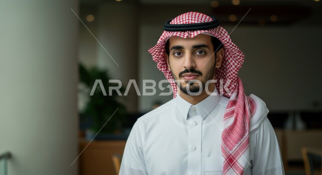 الاهتمام بالمظهر الخارجي، صورة مقربة لرجل عربي خليجي سعودي يرتدي الثوب التقليدي والشماغ ينظر إلى الكاميرا بتعابير القوة والثقة بالنفس، مفهوم الأناقة والرجولة