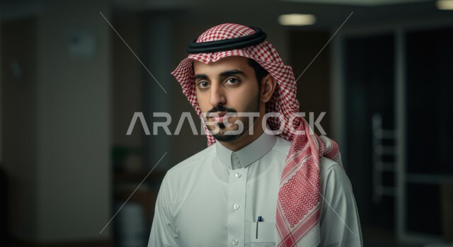 الاهتمام بالمظهر الخارجي، صورة مقربة لرجل عربي خليجي سعودي يرتدي الثوب التقليدي والشماغ ينظر إلى الكاميرا بتعابير القوة والثقة بالنفس، مفهوم الأناقة والرجولة