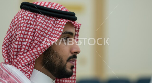 الاهتمام بالمظهر الخارجي، صورة مقربة من الجانب لرجل عربي خليجي سعودي يرتدي الثوب التقليدي والشماغ ينظر إلى شيء ما بإيماءات التركيز، مفهوم الأناقة والرجولة