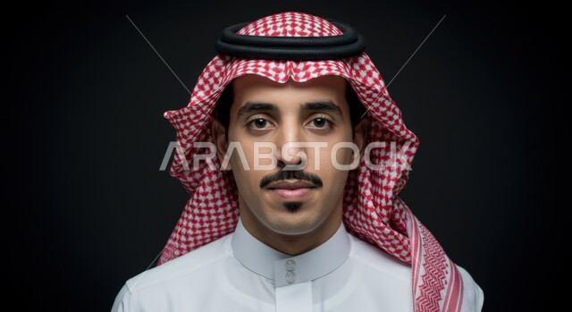 الاهتمام بالمظهر الخارجي، بورتريه مقرب لرجل عربي خليجي سعودي يرتدي الثوب التقليدي والشماغ ينظر إلى الكاميرا بإيماءات الثقة بالنفس والسرور، مفهوم الأناقة والرجولة، التقاط الصور الشخصية للوثائق الرسمية، خلفية سوداء