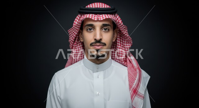 الاهتمام بالمظهر الخارجي، بورتريه مقرب لرجل عربي خليجي سعودي يرتدي الثوب التقليدي والشماغ ينظر إلى الكاميرا بإيماءات الثقة بالنفس والسرور، مفهوم الأناقة والرجولة، التقاط الصور الشخصية للوثائق الرسمية، خلفية سوداء