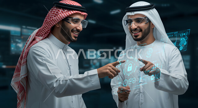 Working on software development, technical programming codes, using technology in practical life, a Saudi Arabian Gulf man wearing a traditional shemagh and thobe standing next to an Emirati man wearing a kandura and ghutra, pointing at a holographic electronic screen