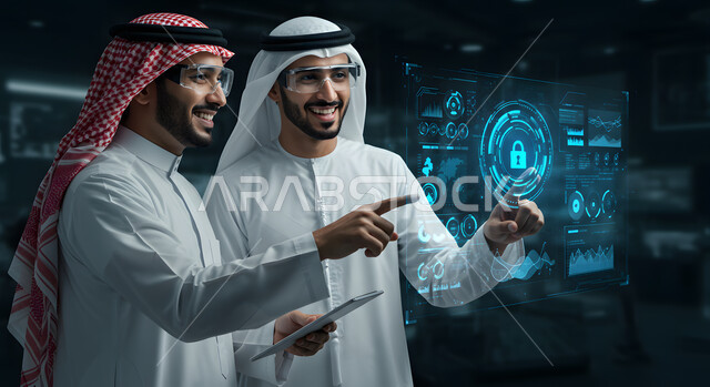  العمل على تطوير البرمجيات، اكواد البرمجة التقنية، استخدام التكنولوجيا في الحياة العملية، رجل عربي خليجي سعودي يرتدي الشماغ والثوب التقليدي يقف بجانب رجل اماراتي يرتدي الكندورة والغترة يشيرون الى شاشة الكترونية هولوجرامية