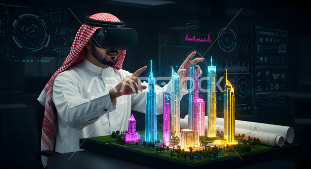 تخطيط المدن الذكية باستخدام تقنية الثري دي، صورة مقربة لرجل عربي خليجي سعودي يرتدي الشماغ والثوب التقليدي يضع نظارات الواقع الافتراضي يتفاعل مع مجسم هولوجرامي لمبنى، الاندماج ومحاكاة العالم الخيالي في الهندسة والانشاء، رؤية سعودية مستقبلية 2030 