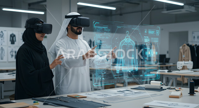 UAE Vision 2031, technological development and progress, achieving the industrial revolution, an Emirati Gulf Arab man wearing a ghutra and kandura standing next to a veiled woman wearing 3D VR glasses, an electronic screen with hologram technology, innovation, science, and artificial intelligence technology.