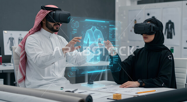 رؤية مستقبلية سعودية 2030، التطور والتقدم التكنولوجي، تحقيق الثورة الصناعية، رجل عربي خليجي سعودي يرتدي الشماغ والثوب التقليدي يقف بجانب إمراة محجبة يرتديان نظارات في ار ثلاثية الابعاد، شاشة الكترونية بتقنية الهولوجرام، الابتكار والعلوم وتكنولوجيا الذكاء الاصطناعي
