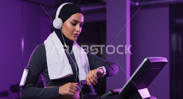 التدرب بعزيمة للمحافظة على نظام الحياة الصحي، ايماءات السعادة والنشاط، مفهوم الرشاقة واللياقة، صورة مقربة لفتاة عربية خليجية سعودية ترتدي الملابس الرياضية تضع الهيدفون على رأسها تتتابع تقدمها في الأداء على جهاز المشي، ممارسة الهوايات المفيدة