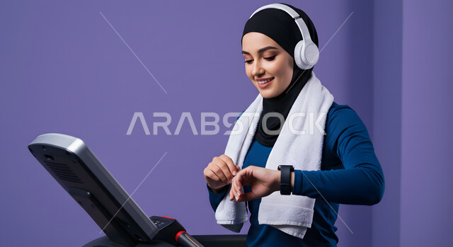 التدرب بعزيمة للمحافظة على نظام الحياة الصحي، ايماءات السعادة والنشاط، مفهوم الرشاقة واللياقة، صورة مقربة لفتاة عربية خليجية سعودية ترتدي الملابس الرياضية تضع الهيدفون على رأسها تتتابع تقدمها في الأداء على جهاز المشي، ممارسة الهوايات المفيدة