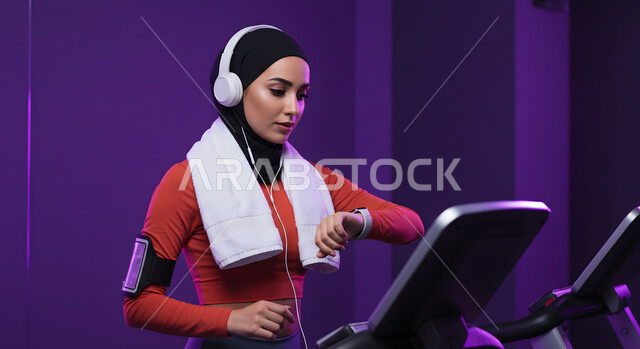 التدرب بعزيمة للمحافظة على نظام الحياة الصحي، ايماءات السعادة والنشاط، مفهوم الرشاقة واللياقة، صورة مقربة لفتاة عربية خليجية سعودية ترتدي الملابس الرياضية تضع الهيدفون على رأسها تتتابع تقدمها في الأداء على جهاز المشي، ممارسة الهوايات المفيدة