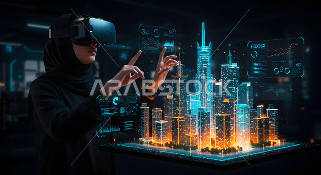 تخطيط المدن الذكية باستخدام تقنية الواقع الافتراضي، صورة مقربة لإمرأة عربية خليجية سعودية ترتدي الحجاب والعباءة تضع نظارات الفي ار تتفاعل مع مجسم هولوجرامي لمبنى، الاندماج ومحاكاة العالم الخيالي في الهندسة والانشاء، رؤية سعودية مستقبلية 2030 