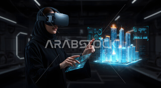 تخطيط المدن الذكية باستخدام تقنية الواقع الافتراضي، صورة مقربة لإمرأة عربية خليجية سعودية ترتدي الحجاب والعباءة تضع نظارات الفي ار تتفاعل مع مجسم هولوجرامي لمبنى، الاندماج ومحاكاة العالم الخيالي في الهندسة والانشاء، رؤية سعودية مستقبلية 2030 