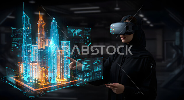 تخطيط المدن الذكية باستخدام تقنية الواقع الافتراضي، صورة مقربة لإمرأة عربية خليجية سعودية ترتدي الحجاب والعباءة تضع نظارات الفي ار تتفاعل مع مجسم هولوجرامي لمبنى، الاندماج ومحاكاة العالم الخيالي في الهندسة والانشاء، رؤية سعودية مستقبلية 2030 