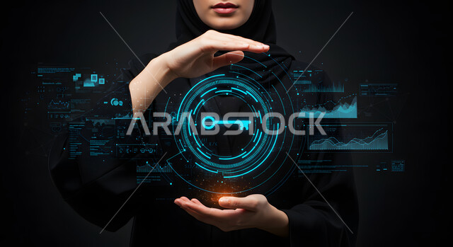 حماية أمن المعلومات والتكنولوجيا الرقمية, الدخول الآمن للأجهزة باستخدام الأنظمة الذكية، مفهوم الامن السيبراني، رمز القفل بتقنية الهولوجرام ثلاثية الأبعاد, صورة مقربة سيدة عربية خليجية سعودية ترتدي العباءة والحجاب تتفاعل مع الايقونات, الحفاظ على البيانات الشخصية
