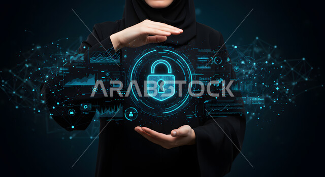 Protecting information security and digital technology, secure access to devices using smart systems, the concept of cybersecurity, a hologram lock code, a close-up image of a Saudi Arabian Gulf woman wearing an abaya and hijab interacting with icons, protecting personal data