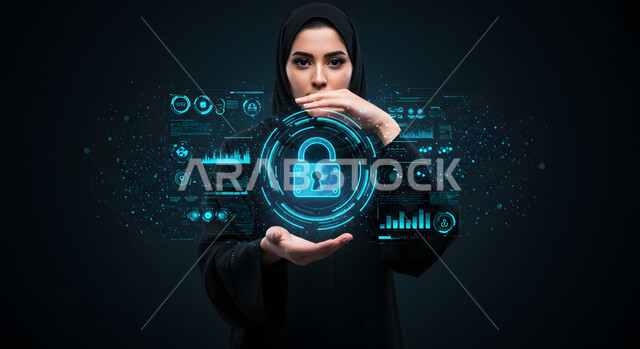 حماية أمن المعلومات والتكنولوجيا الرقمية, الدخول الآمن للأجهزة باستخدام الأنظمة الذكية، مفهوم الامن السيبراني، رمز القفل بتقنية الهولوجرام ثلاثية الأبعاد, صورة مقربة سيدة عربية خليجية سعودية ترتدي العباءة والحجاب تتفاعل مع الايقونات, الحفاظ على البيانات الشخصية