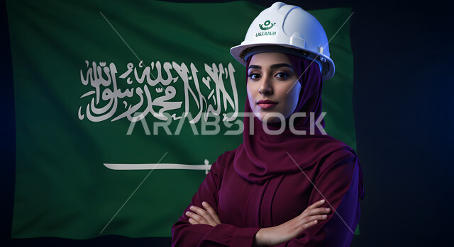 تنمية القطاع الهندسي ومجال الاعمار في المملكة، الاحتفال بذكرى اليوم الوطني السعودي 23 سبتمبر، صورة مقربة لمهندسة عربية خليجية سعودية مبتمسة ترتدي الحجاب وخوذة الحماية تقف بثقة وأيدي متقاطعة جانب علم السعودية، يوم العلم 11 مارس