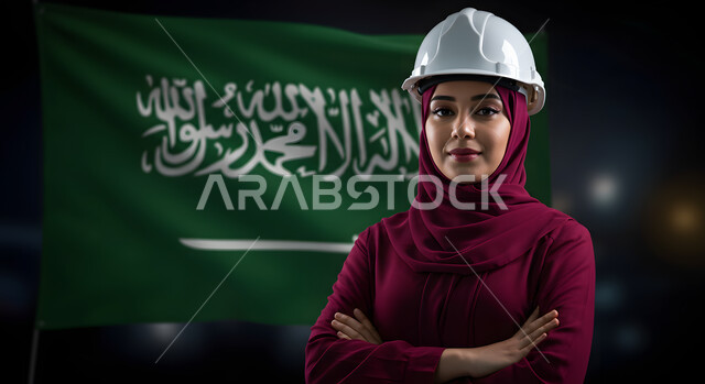 تنمية القطاع الهندسي ومجال الاعمار في المملكة، الاحتفال بذكرى اليوم الوطني السعودي 23 سبتمبر، صورة مقربة لمهندسة عربية خليجية سعودية مبتمسة ترتدي الحجاب وخوذة الحماية تقف بثقة وأيدي متقاطعة جانب علم السعودية، يوم العلم 11 مارس