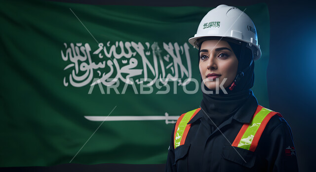 Developing the engineering and construction sector in the Kingdom, celebrating Saudi National Day on September 23, a close-up of a smiling Saudi Arabian Gulf engineer wearing a hijab and a safety helmet, standing with a confident expression next to the Saudi flag, Flag Day on March 11