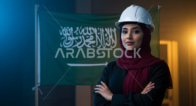 تنمية القطاع الهندسي ومجال الاعمار في المملكة، الاحتفال بذكرى اليوم الوطني السعودي 23 سبتمبر، صورة مقربة لمهندسة عربية خليجية سعودية مبتمسة ترتدي الحجاب وخوذة الحماية تقف بثقة وأيدي متقاطعة جانب علم السعودية، يوم العلم 11 مارس