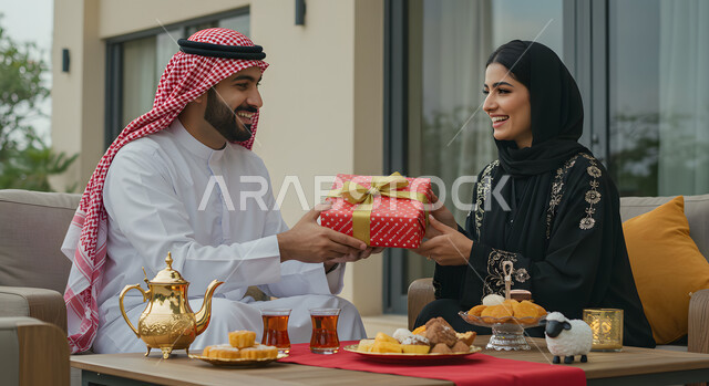 إحياء ذكرى يوم الزواج, جلسات ممتعه خارج المنزل, رجل عربي خليجي سعودي يرتدي الشماغ والثوب التقليدي يقدم لزوجته هديه في علبه مغلفة بمناسبة عيد الحب, الجلوس في الهواء الطلق في إحدى المنتجعات الفاخره, التعبير عن الألفة والمحبة بين الزوجين, إيماءات السعادة والسرور