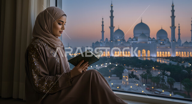 إيماءات الخشوع و الاجتهاد في العباده, التقرب الى رب العالمين في شهر رمضان المبارك، إمرأة عربيه خليجية سعودية ترتدي الحجاب و العباءة تقوم بقراءة وتلاوة القرآن الكريم، واجهه زجاجية مطلة على المسجد في الليل