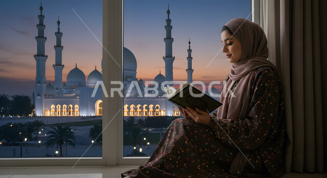 إيماءات الخشوع و الاجتهاد في العباده, التقرب الى رب العالمين في شهر رمضان المبارك، إمرأة عربيه خليجية سعودية ترتدي الحجاب و العباءة تقوم بقراءة وتلاوة القرآن الكريم، واجهه زجاجية مطلة على المسجد في الليل