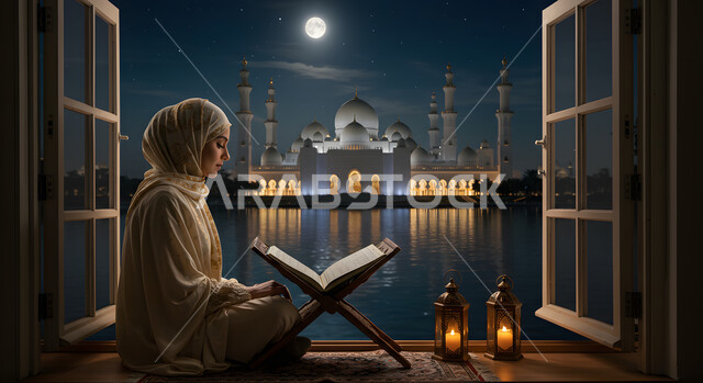 إيماءات الخشوع و الاجتهاد في العباده, التقرب الى رب العالمين في شهر رمضان المبارك، إمرأة عربيه خليجية سعودية ترتدي الحجاب و العباءة تقوم بقراءة وتلاوة القرآن الكريم، واجهه زجاجية مطلة على المسجد في الليل
