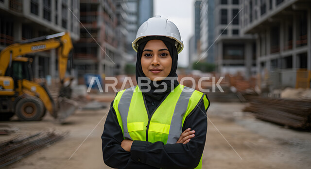 تنمية وتطور السعودية على يد أبناء الوطن, متابعة الأعمال الهندسية الانشائية المعمارية, صورة مقربة لمهندسة عربية خليجية سعودية مبتسمة ترتدي خوذه الحماية وسترة العمل تقف في موقع البناء، النظر إلى الكاميرا بإيماءات الثقة بالنفس والسرور، مهن ووظائف نسائية