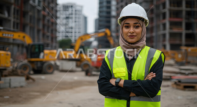 تنمية وتطور السعودية على يد أبناء الوطن, متابعة الأعمال الهندسية الانشائية المعمارية, صورة مقربة لمهندسة عربية خليجية سعودية مبتسمة ترتدي خوذه الحماية وسترة العمل تقف في موقع البناء، النظر إلى الكاميرا بإيماءات الثقة بالنفس والسرور، مهن ووظائف نسائية