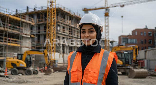 تنمية وتطور السعودية على يد أبناء الوطن, متابعة الأعمال الهندسية الانشائية المعمارية, صورة مقربة لمهندسة عربية خليجية سعودية مبتسمة ترتدي خوذه الحماية وسترة العمل تقف في موقع البناء، النظر إلى الكاميرا بإيماءات الثقة بالنفس والسرور، مهن ووظائف نسائية