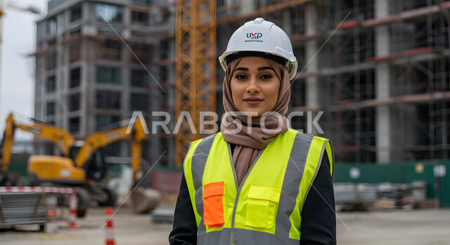 تنمية وتطور السعودية على يد أبناء الوطن, متابعة الأعمال الهندسية الانشائية المعمارية, صورة مقربة لمهندسة عربية خليجية سعودية مبتسمة ترتدي خوذه الحماية وسترة العمل تقف في موقع البناء، النظر إلى الكاميرا بإيماءات الثقة بالنفس والسرور، مهن ووظائف نسائية