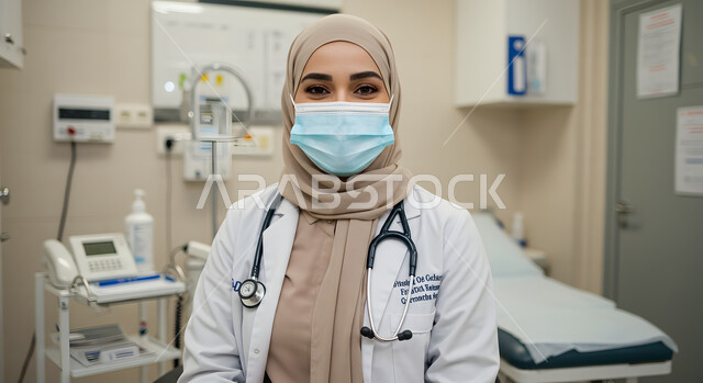 العمل في المستشفيات والمراكز الطبية، صورة مقربة لطبيبة عربية خليجية سعودية محجبة ترتدي المعطف الأبيض والكمامة تنظر إلى الكاميرا بايماءات الثقة بالنفس، الفحص الطبي وتقديم الخدمات الصحية للمرضى