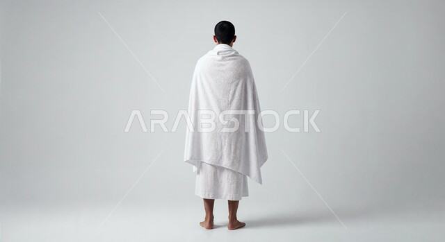 Worship and closeness to God, the concept of the pillars of Islam and performing religious duties, a portrait from the back of a Saudi Arabian Gulf pilgrim wearing Ihram clothes performing Hajj and Umrah rituals, full-length body image, white background