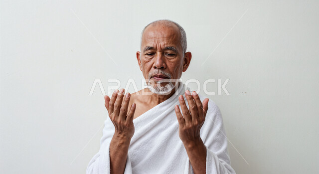 مفهوم أركان الإسلام وأداء الفرائض الدينية، رفع اليدين والدعاء بخشوع وتضرع، بورتريه مقرب لحاج كبير بالسن خليجي عربي سعودي يرتدي ثياب الإحرام يقوم بتأدية مناسك الحج والعمرة، العبادة والتقرب إلى الله، خلفية بيضاء