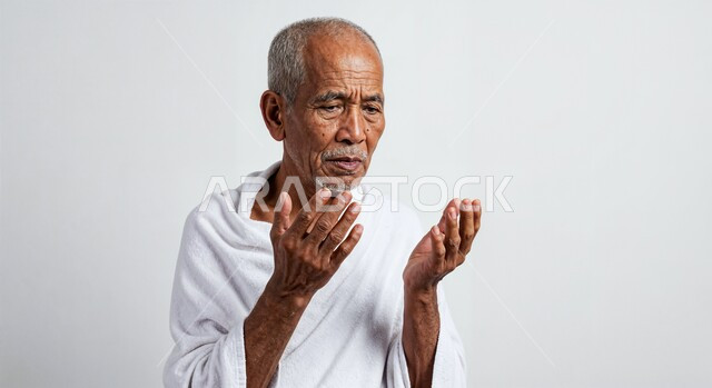 مفهوم أركان الإسلام وأداء الفرائض الدينية، رفع اليدين والدعاء بخشوع وتضرع، بورتريه مقرب لحاج كبير بالسن خليجي عربي سعودي يرتدي ثياب الإحرام يقوم بتأدية مناسك الحج والعمرة، العبادة والتقرب إلى الله، خلفية بيضاء