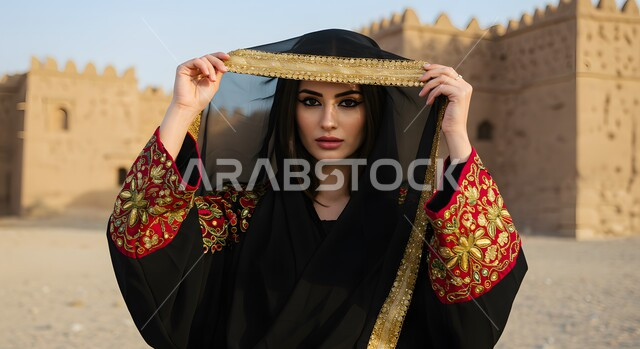 يوم بدينا 1727 م, ذكرى تأسيس الدولة السعودية الأولى في 22 فبراير, التباهي بإنجازات الوطن, صورة  مقربة لشابة عربية خليجية سعودية ترتدي المقطع والهامة تنظر إلى الكاميرا بتعابير الثقة بالنفس, ارتداء زي المنطقة الوسطى في المناسبات الوطنية, الوقوف امام بيت تراثي شعبي طيني