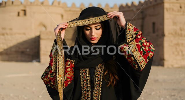 يوم بدينا 1727 م, ذكرى تأسيس الدولة السعودية الأولى في 22 فبراير, التباهي بإنجازات الوطن, صورة  مقربة لشابة عربية خليجية سعودية ترتدي المقطع والهامة تنظر إلى الكاميرا بتعابير الثقة بالنفس, ارتداء زي المنطقة الوسطى في المناسبات الوطنية, الوقوف امام بيت تراثي شعبي طيني
