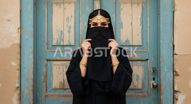 الوقوف امام بيت تراثي شعبي طيني، يوم بدينا 1727 م, ذكرى تأسيس الدولة السعودية الأولى في 22 فبراير, التباهي بإنجازات الوطن, صورة  مقربة لشابة عربية خليجية سعودية ترتدي البرقع تنظر إلى الكاميرا بتعابير الثقة بالنفس, ارتداء زي المنطقة الوسطى في المناسبات الوطنية