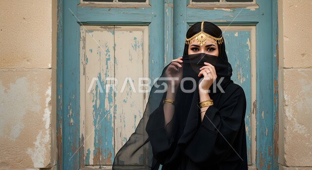 الوقوف امام بيت تراثي شعبي طيني، يوم بدينا 1727 م, ذكرى تأسيس الدولة السعودية الأولى في 22 فبراير, التباهي بإنجازات الوطن, صورة  مقربة لشابة عربية خليجية سعودية ترتدي البرقع تنظر إلى الكاميرا بتعابير الثقة بالنفس, ارتداء زي المنطقة الوسطى في المناسبات الوطنية