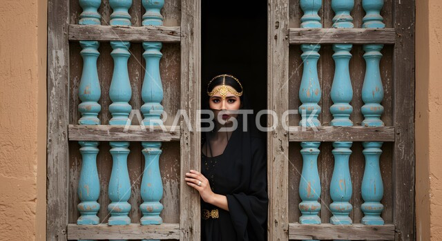 الوقوف امام بيت تراثي شعبي طيني، يوم بدينا 1727 م, ذكرى تأسيس الدولة السعودية الأولى في 22 فبراير, التباهي بإنجازات الوطن, صورة  مقربة لشابة عربية خليجية سعودية ترتدي البرقع تنظر إلى الكاميرا بتعابير الثقة بالنفس, ارتداء زي المنطقة الوسطى في المناسبات الوطنية