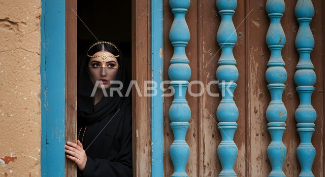 الوقوف امام بيت تراثي شعبي طيني، يوم بدينا 1727 م, ذكرى تأسيس الدولة السعودية الأولى في 22 فبراير, التباهي بإنجازات الوطن, صورة  مقربة لشابة عربية خليجية سعودية ترتدي البرقع تنظر إلى الكاميرا بتعابير الثقة بالنفس, ارتداء زي المنطقة الوسطى في المناسبات الوطنية