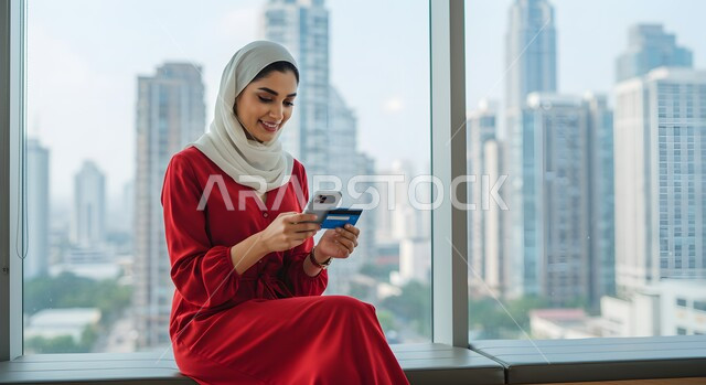 الشراء والدفع من خلال برامج وتطبيقات الجوال، إمكانية تسديد الفواتير عبر الكريدت كارت، إمرأة عربية خليجية سعودية مبتسمة ترتدي الحجاب تمسك بيدها الهاتف المحمول وبطاقة الائتمان البنكية، نمط وجودة الحياة في المملكة، تعابير السرور باستخدام التقنيات والوسائل الحديثة